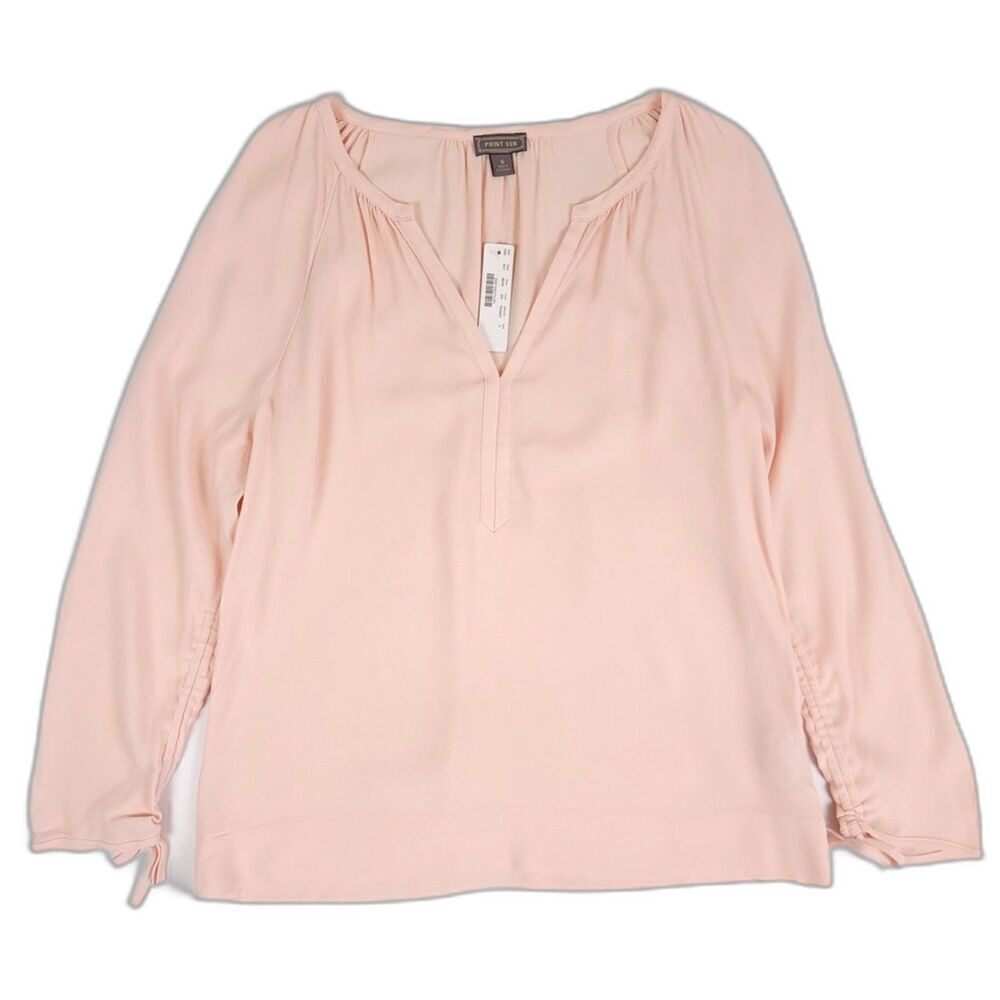 NWT J Crew Point Sur Drapey Open V Neck Top Ruched Sleeve Blouse Pink Small